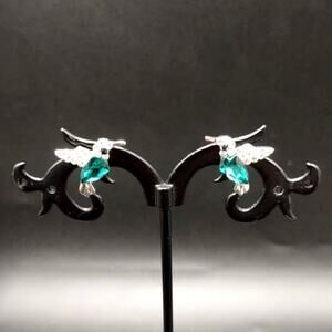 Dainty 925 Silver Plated Earrings Hummingbird CZ Green Emerald Women's Boho Gift
